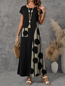 Faunlyn Women's Vacation Casual Colorblock Patchwork Print Dress - Black - View 4
