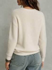 SHEIN Fall Sweet Casual V Neck Twist Front Hem Long Sleeve Knit Pullover, Solid Color Cropped Knit Top For - Apricot - View 2