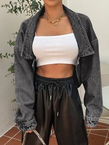 SHEIN x PRISCILA & JIMENA DAZY جاكيت جينز بياقة منسدلة وذيل غير متماثل، ملابس الخريف - الأسود - مشاهدة 5