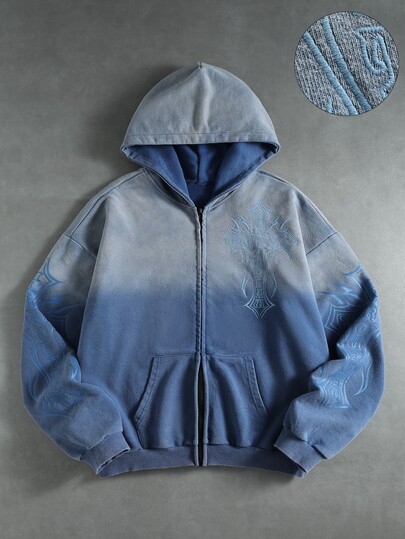 Sweat-shirt à capuche zippé pour hommes avec broderie croisée lavée