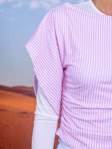 East & Noor 休閒極簡風 1064 粉色細條紋滿版印花 95% 棉針織女款 T-shirt，適合春夏季 - 彩色 - 查看 2