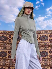 East & Noor 浅军绿色针织女式长袖拉链夹克，秋冬防晒 - 軍綠色 - 查看 1
