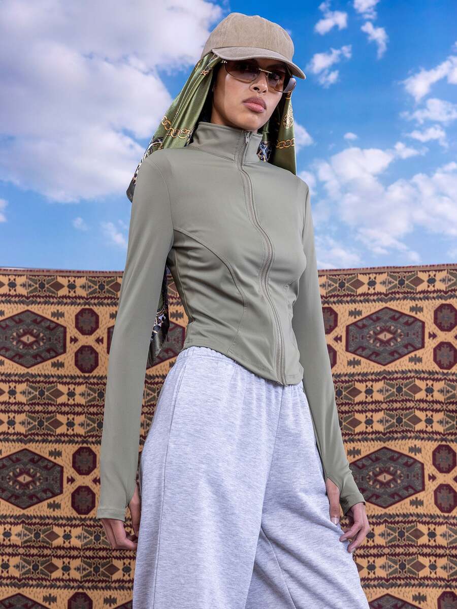 East & Noor 浅军绿色针织女式长袖拉链夹克,秋冬防晒 - 軍綠色 - 查看 1