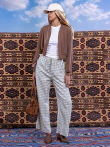 East & Noor Spring ClothesSolid Zip Up Crop Bomber Jacket In Fall/Winter - Coffee Brown - View 3