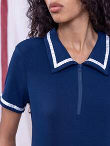 East & Noor Women's Short Sleeve Contrast Color Zip Up Fitted T-Shirt - Navy Blue - View 3