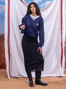 East & Noor Women Skirts Kontras Mesh Lettuce Trim Plain Casual - Hitam - View 6