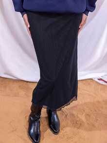 East & Noor Women Skirts Kontras Mesh Lettuce Trim Plain Casual - Hitam - View 3