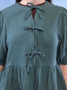East & Noor Women's Summer Bow Tie Front Ruffle Hem Puff Sleeve Cute Peter Pan Collar Blouse - Cadet Blue - View 3