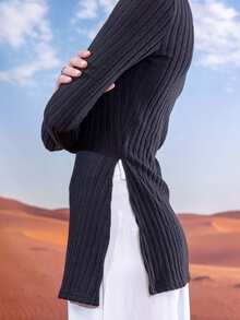 East & Noor Solid Color High Neck Raglan Slim Fit Ribbed Long Sleeve T-Shirt Casual Black Spring - Black - View 3