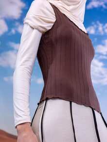 East & Noor Lettuce Trim Rib Knit Tank Top - Chocolate Brown - View 2