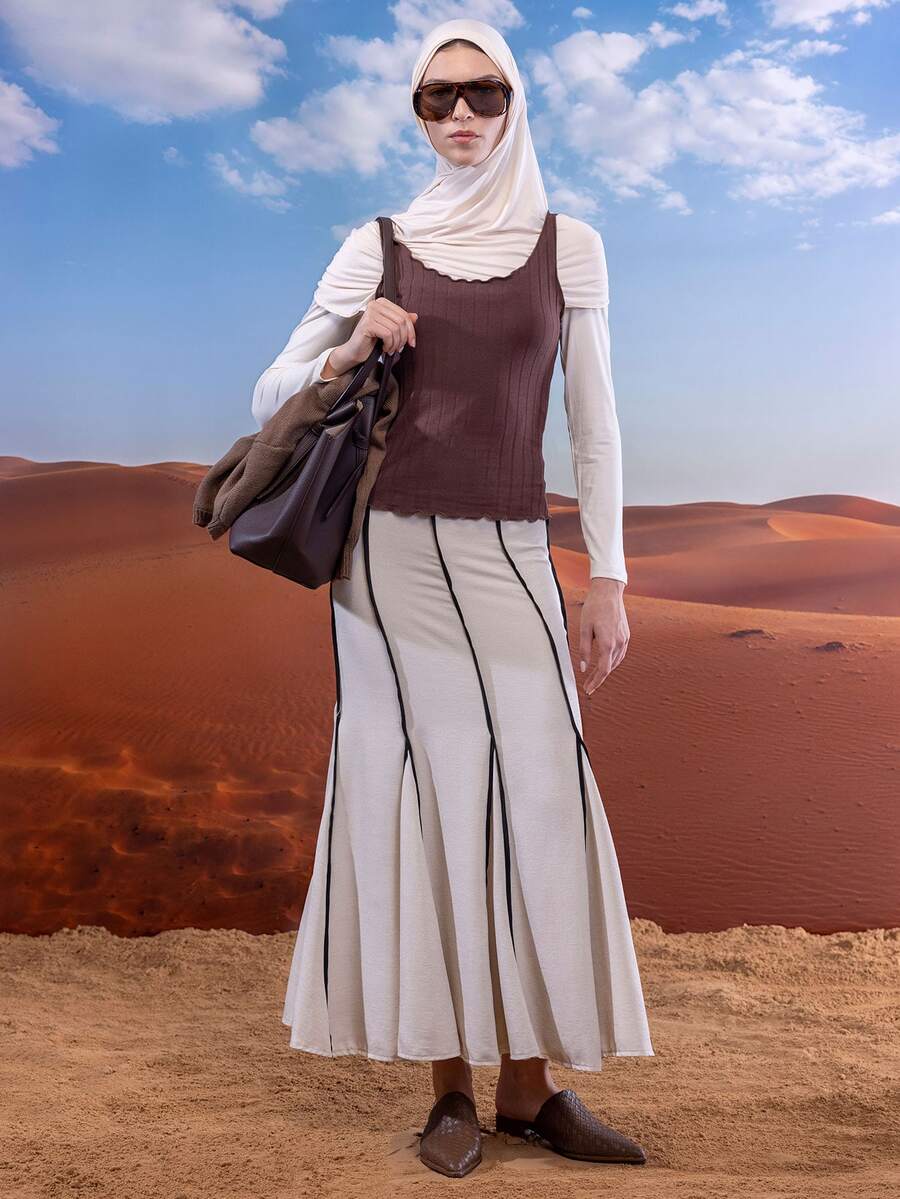East & Noor Lettuce Trim Rib Knit Tank Top - Chocolate Brown - View 1