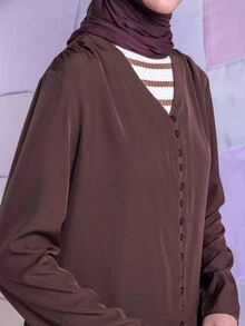 East & Noor Women's Solid Color V-Neck Long Sleeve Button Design Casual Loose Shirt Brown Top Brown Thanksgiving For Women - Brown - View 2