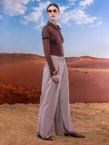 East & Noor Solid Wide Leg Khaki Pants - Khaki - View 6