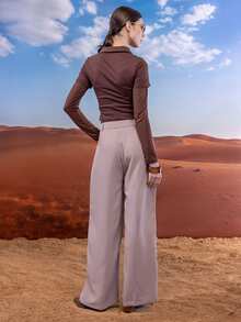 East & Noor Solid Wide Leg Khaki Pants - Khaki - View 7