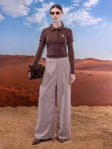 East & Noor Solid Wide Leg Khaki Pants - Khaki - View 5