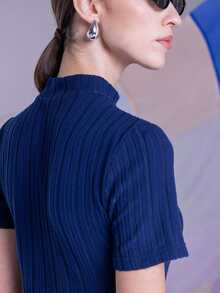 East & Noor Women's Casual Solid Color Stand Collar Short Sleeve T-Shirt, Spring Summer - Navy Blue - View 2