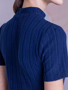 East & Noor Women's Casual Solid Color Stand Collar Short Sleeve T-Shirt, Spring Summer - Navy Blue - View 3