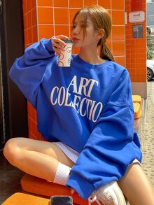 DAZY Casual Loose Letter Print Basic Sweatshirt Fall,Winter - Blue - View 7