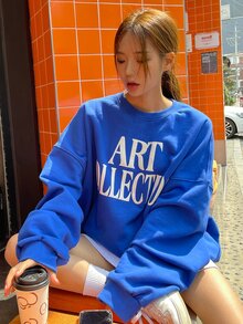 DAZY Casual Loose Letter Print Basic Sweatshirt Fall,Winter - Blue - View 8