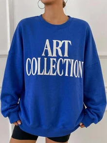 DAZY Casual Loose Letter Print Basic Sweatshirt Fall,Winter - Blue - View 9