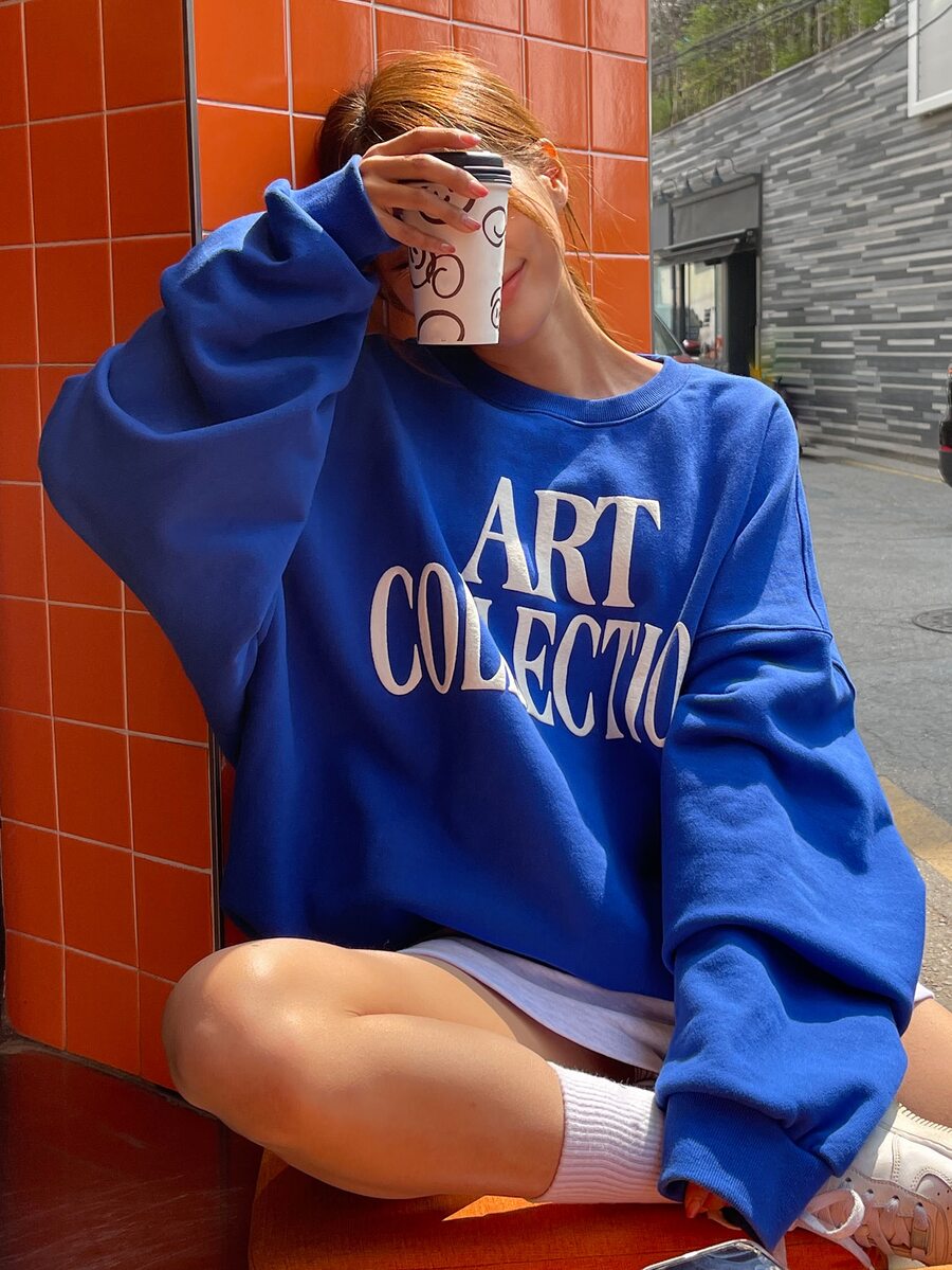 DAZY Casual Loose Letter Print Basic Sweatshirt Fall,Winter - Blue - View 1