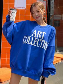 DAZY Casual Loose Letter Print Basic Sweatshirt Fall,Winter - Blue - View 4