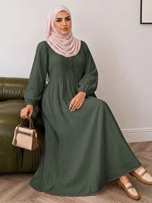 Solavon فستان مقاس كبير بلون موحد وأكمام فانوس، رسمي للمساء والمكتب، أخضر زيتوني، خريفي، أنيق وتقليدي - أخضر عسكري - مشاهدة 3