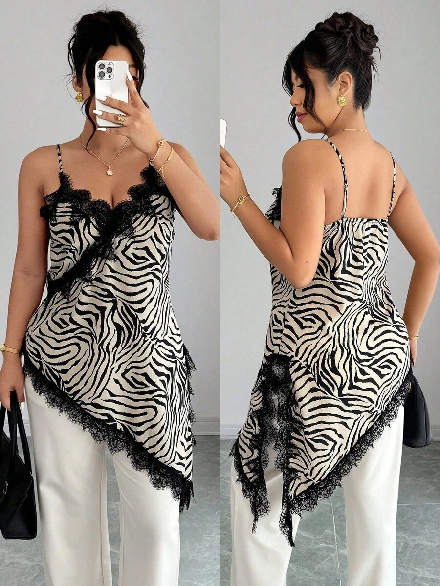SHEIN LUNE Plus Size Women Contrast Lace Zebra Print Asymmetric Hem Camisole Chic - Multicolor - View 1