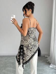 SHEIN LUNE Plus Size Women Contrast Lace Zebra Print Asymmetric Hem Camisole Chic - Multicolor - View 2