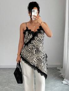 SHEIN LUNE Plus Size Women Contrast Lace Zebra Print Asymmetric Hem Camisole Chic - Multicolor - View 4