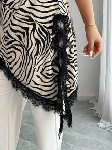SHEIN LUNE Plus Size Women Contrast Lace Zebra Print Asymmetric Hem Camisole Chic - Multicolor - View 6