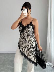 SHEIN LUNE Plus Size Women Contrast Lace Zebra Print Asymmetric Hem Camisole Chic - Multicolor - View 5