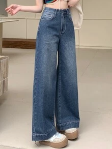 Dazy Designer بنطلون جينز مستقيم الساق مغسول للنساء مع جيوب مائلة، بنطلون جينز فضفاض، ملابس العودة إلى المدرسة، قمصان علوية لطيفة - الأزرق - مشاهدة 3