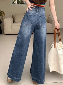 Dazy Designer بنطلون جينز مستقيم الساق مغسول للنساء مع جيوب مائلة، بنطلون جينز فضفاض، ملابس العودة إلى المدرسة، قمصان علوية لطيفة - الأزرق - مشاهدة 2