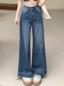 Dazy Designer بنطلون جينز مستقيم الساق مغسول للنساء مع جيوب مائلة، بنطلون جينز فضفاض، ملابس العودة إلى المدرسة، قمصان علوية لطيفة - الأزرق - مشاهدة 4