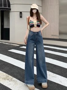 Dazy Designer بنطلون جينز مستقيم الساق مغسول للنساء مع جيوب مائلة، بنطلون جينز فضفاض، ملابس العودة إلى المدرسة، قمصان علوية لطيفة - الأزرق - مشاهدة 5