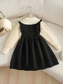 SHEIN Young Girl Young Girl Young Girl Young Girl Young Girl Knit Casual Minimalist Comfortable Peter Pan Collar Colorblock Bow Decor Sweater Autumn Dress - Multicolor - View 10