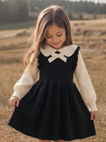 SHEIN Young Girl Young Girl Young Girl Young Girl Young Girl Knit Casual Minimalist Comfortable Peter Pan Collar Colorblock Bow Decor Sweater Autumn Dress - Multicolor - View 3