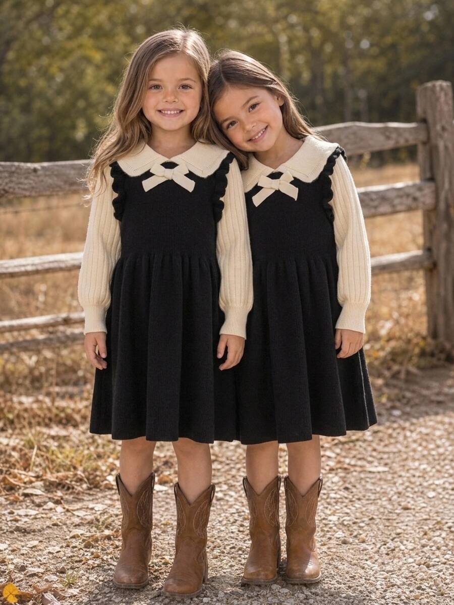 SHEIN Young Girl Young Girl Young Girl Young Girl Young Girl Knit Casual Minimalist Comfortable Peter Pan Collar Colorblock Bow Decor Sweater Autumn Dress - Multicolor - View 1