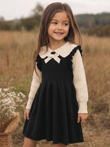 SHEIN Young Girl Young Girl Young Girl Young Girl Young Girl Knit Casual Minimalist Comfortable Peter Pan Collar Colorblock Bow Decor Sweater Autumn Dress - Multicolor - View 4