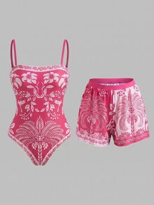 Swim Oasis 女款花卉印花連體泳衣附遮陽短褲套裝，度假適用 - 彩色 - 查看 3