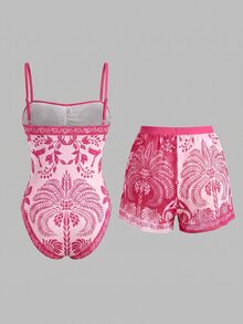 Swim Oasis 女款花卉印花連體泳衣附遮陽短褲套裝，度假適用 - 彩色 - 查看 2