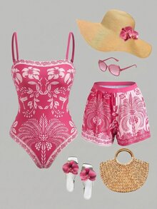 Swim Oasis 女款花卉印花連體泳衣附遮陽短褲套裝，度假適用 - 彩色 - 查看 1