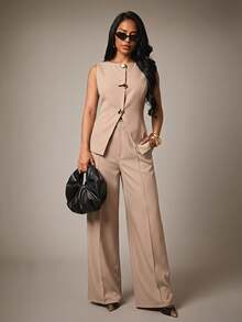 Radiana Women's Elegant Minimalist Exquisite Fashion Commute Urban Modern Vacation Casual Metal Buckle Solid Color Blazer Vest And Long Pants 2-Piece Set, All-Match Versatile, Daily Casual Outing, Shopping, Gathering, Old Money Style Clothing, Commute, Office - Apricot - View 2