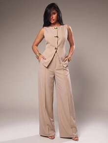Radiana Women's Elegant Minimalist Exquisite Fashion Commute Urban Modern Vacation Casual Metal Buckle Solid Color Blazer Vest And Long Pants 2-Piece Set, All-Match Versatile, Daily Casual Outing, Shopping, Gathering, Old Money Style Clothing, Commute, Office - Apricot - View 4