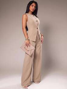 Radiana Women's Elegant Minimalist Exquisite Fashion Commute Urban Modern Vacation Casual Metal Buckle Solid Color Blazer Vest And Long Pants 2-Piece Set, All-Match Versatile, Daily Casual Outing, Shopping, Gathering, Old Money Style Clothing, Commute, Office - Apricot - View 5