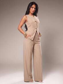 Radiana Women's Elegant Minimalist Exquisite Fashion Commute Urban Modern Vacation Casual Metal Buckle Solid Color Blazer Vest And Long Pants 2-Piece Set, All-Match Versatile, Daily Casual Outing, Shopping, Gathering, Old Money Style Clothing, Commute, Office - Apricot - View 3