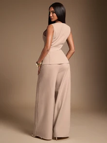 Radiana Women's Elegant Minimalist Exquisite Fashion Commute Urban Modern Vacation Casual Metal Buckle Solid Color Blazer Vest And Long Pants 2-Piece Set, All-Match Versatile, Daily Casual Outing, Shopping, Gathering, Old Money Style Clothing, Commute, Office - Apricot - View 6