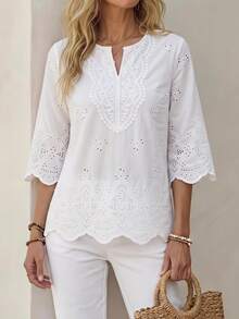 Faunlyn Women's Notched Collar Three-Quarter Sleeve Shirt - White - View 1