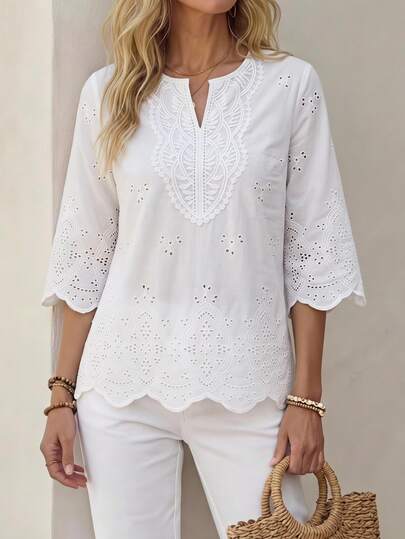 Faunlyn Women's Notched Collar Three-Quarter Sleeve Shirt